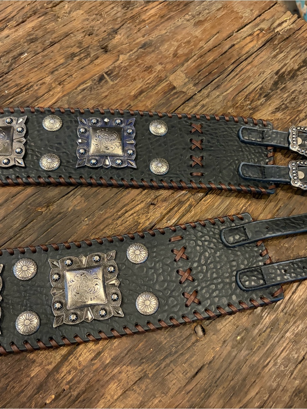 Black Embossed Leather Concho Belt with Silver Accents 40” large